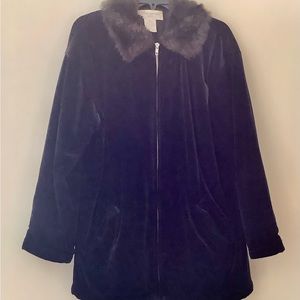 Jones New York Vintage Velvet Warm Coat Faux Fur Collar Black Korea Medium